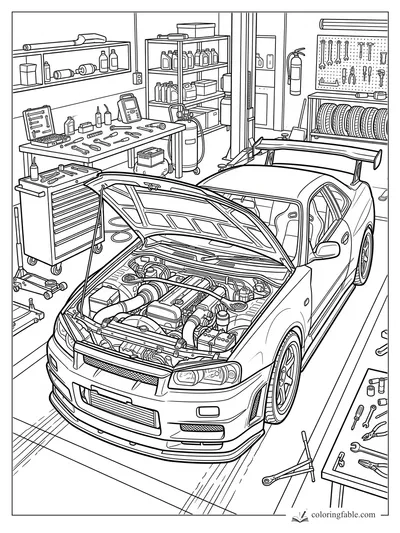 Realistic sport car with open hood in a garage full of tools, tires, shelves, and workbenches