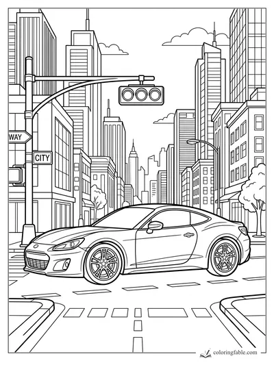 Sport car at a city intersection under a three-light signal, with skyscrapers, crosswalks, and street signs.