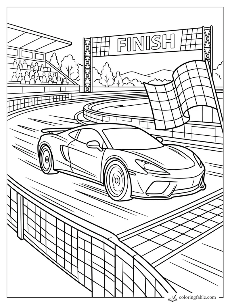 Sports car racing under a FINISH banner as a checkered flag waves beside grandstands