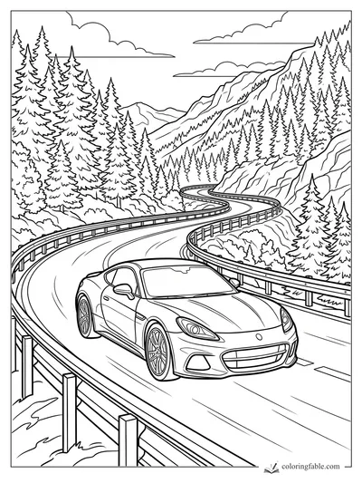 Realistic sports car driving a curving mountain road through pine forest and rocky peaks
