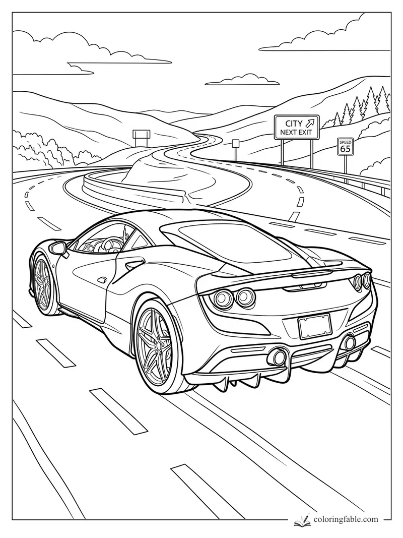 Sports car driving toward a city exit on a curving mountain highway with speed limit sign