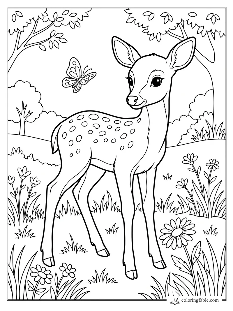 Spotted fawn in a flower meadow watching a butterfly between leafy trees