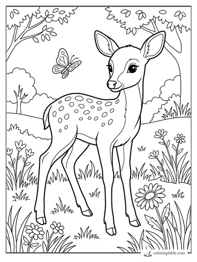 Spotted fawn in a flower meadow watching a butterfly between leafy trees