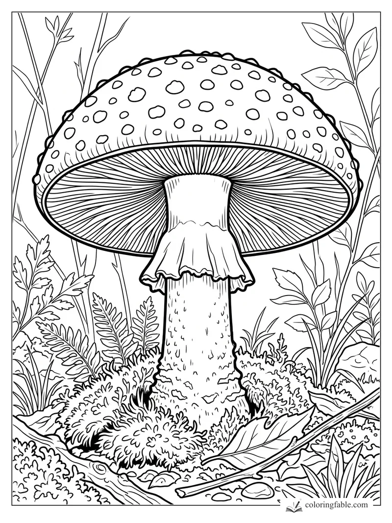 Realistic spotted mushroom with gills, skirted stem, ferns, moss, leaves, and forest grasses