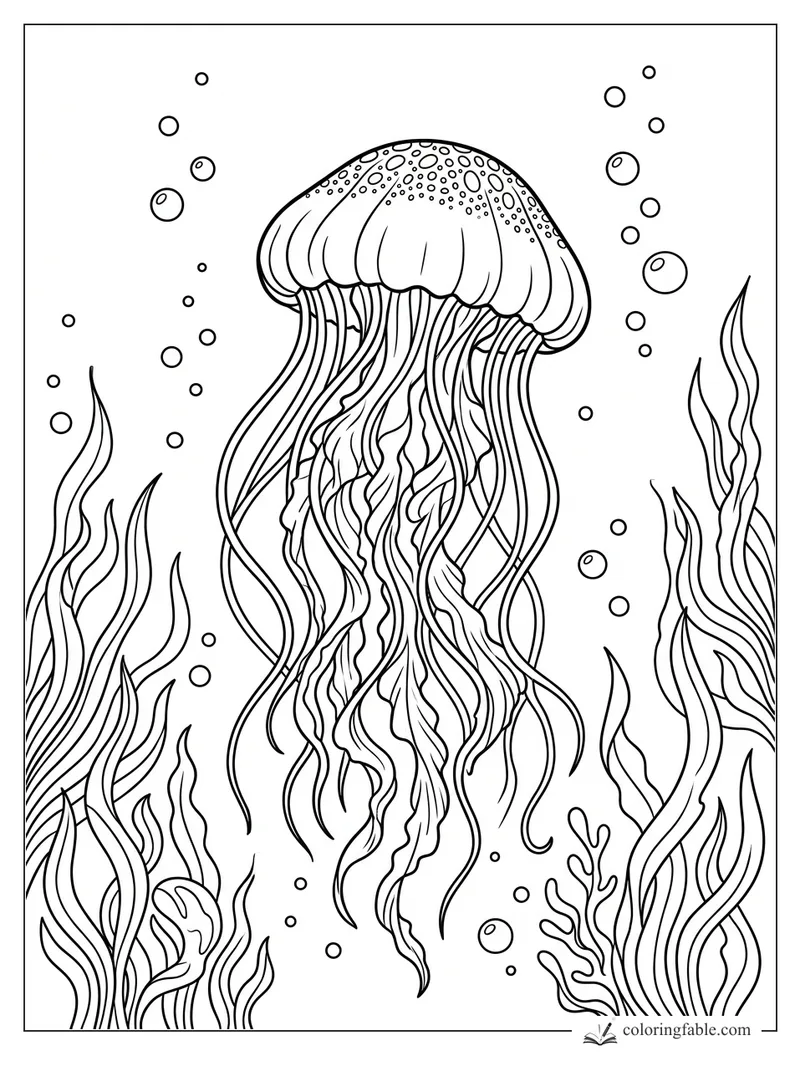 Spotted jellyfish with long wavy tentacles, bubbles, and tall seaweed coloring page
