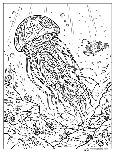 Large spotted jellyfish drifting over a reef as a toothy anglerfish swims nearby