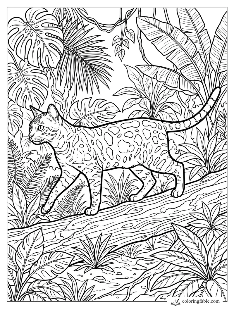 Realistic spotted cat walking across a fallen jungle log among monstera, palm, and banana leaves