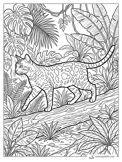 Realistic spotted cat walking across a fallen jungle log among monstera, palm, and banana leaves