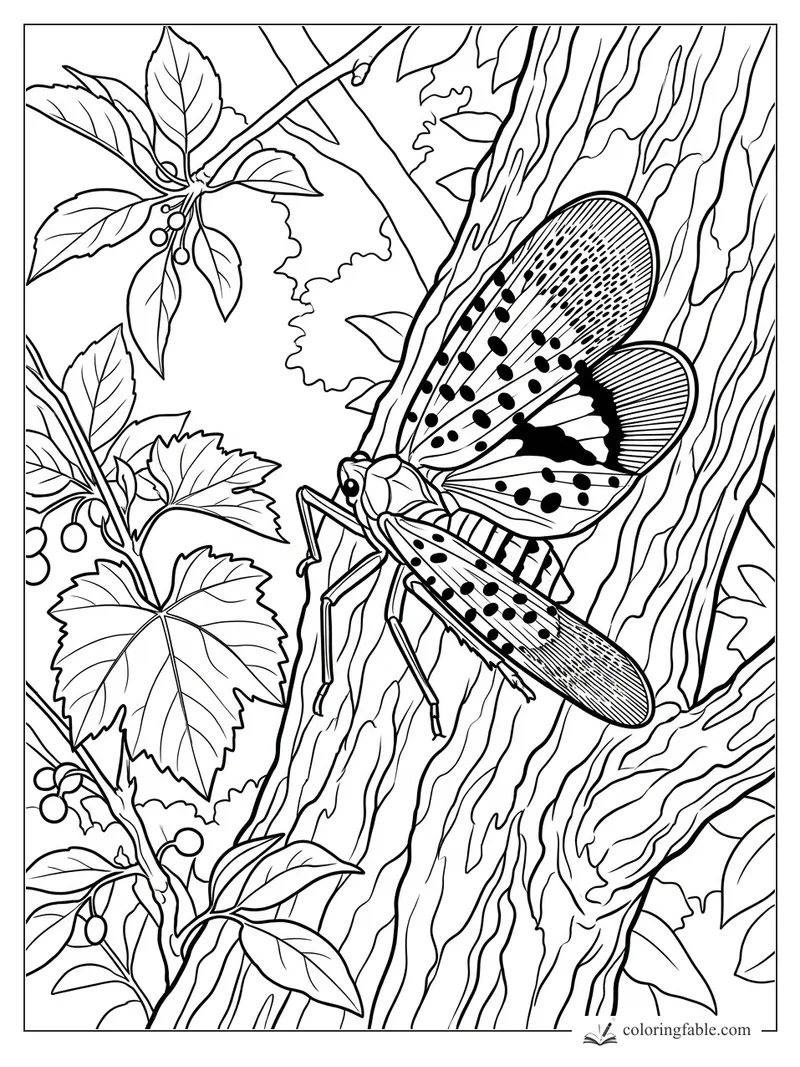 Realistic spotted lanternfly with open patterned wings on tree bark beside grape leaves and berries