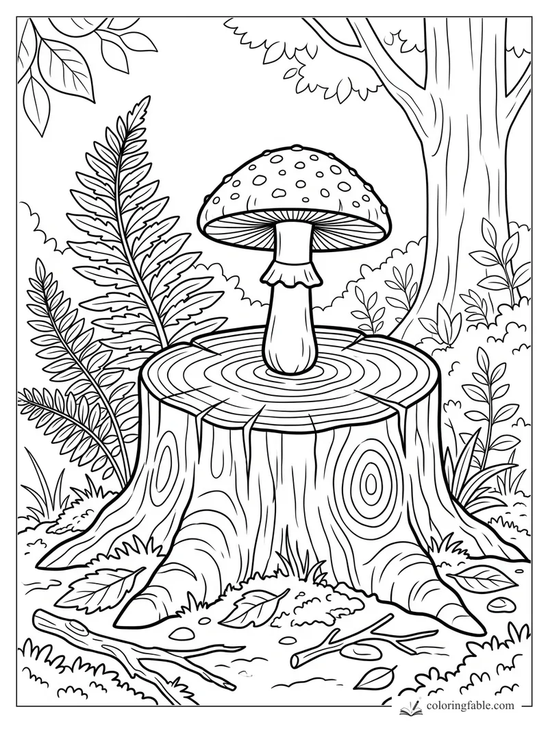 Spotted mushroom growing from a tree stump with fern fronds, leaves, roots, and a tall forest tree.
