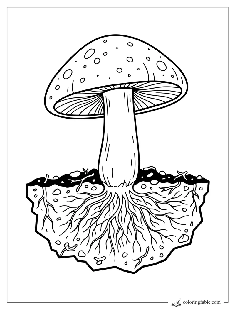 Spotted mushroom coloring page with gills, tall stem, soil slice, pebbles, and branching roots