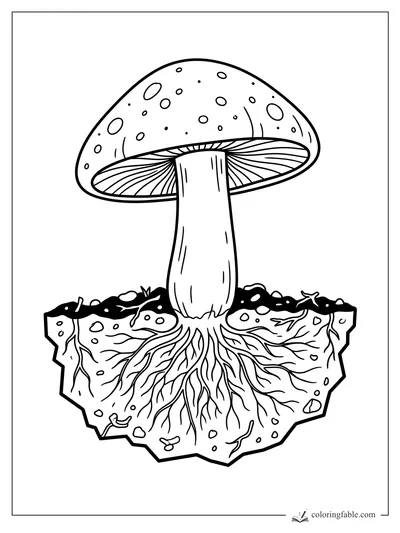 Spotted mushroom coloring page with gills, tall stem, soil slice, pebbles, and branching roots