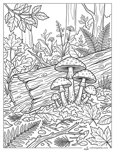 Spotted mushrooms growing by a fallen log with ferns, leaves, flowers, and tall trees in the forest.