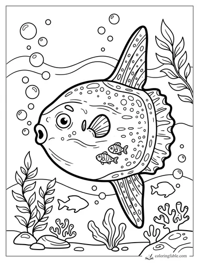 Cartoon ocean sunfish with tall spotted fins, bubbles, seaweed, coral, and two tiny fish on its side