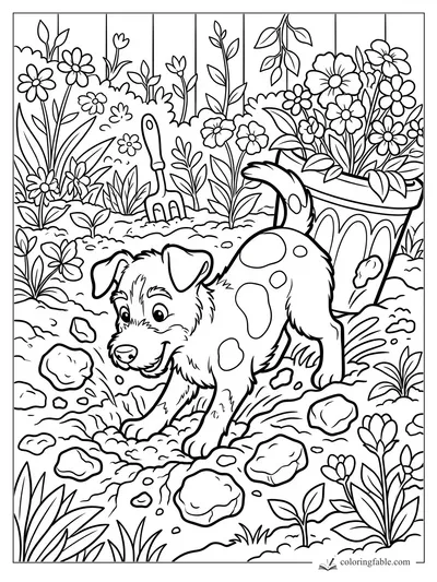 Cartoon spotted puppy digging among garden flowers, rocks, a hand fork, and a tipped flower pot