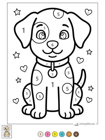 Spotted Puppy with Hearts and Stars — color by number