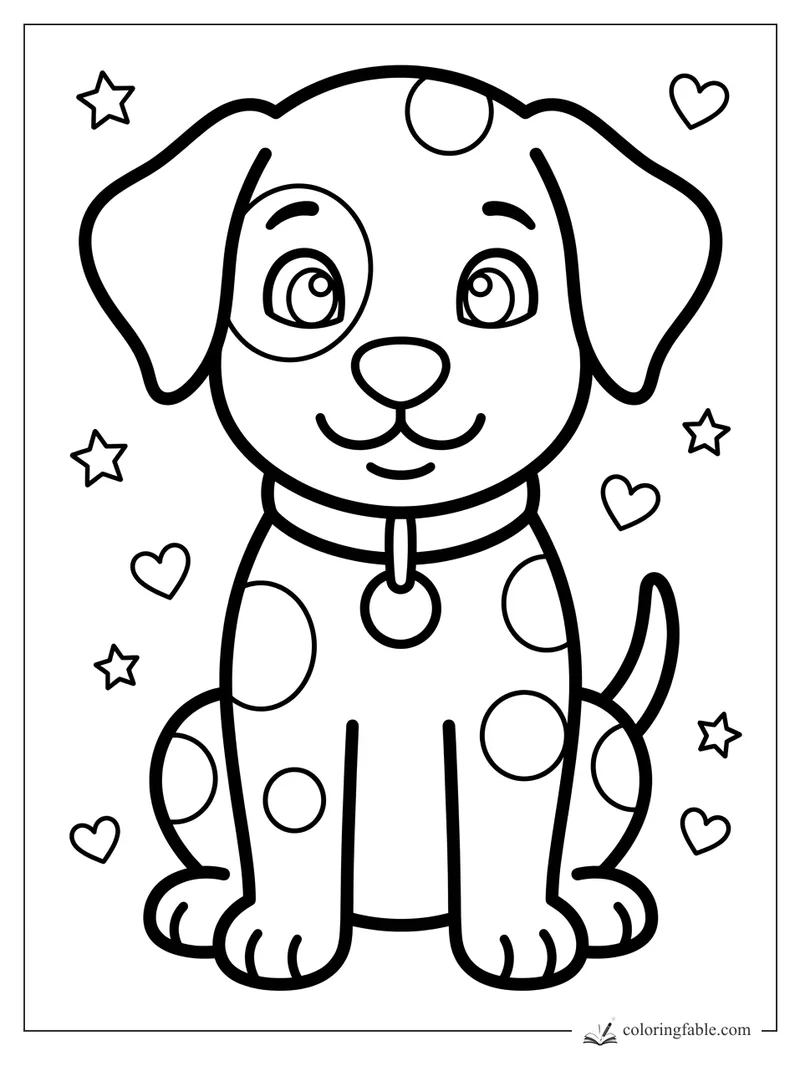 Cute spotted puppy with floppy ears, collar tag, hearts, and star stickers to color