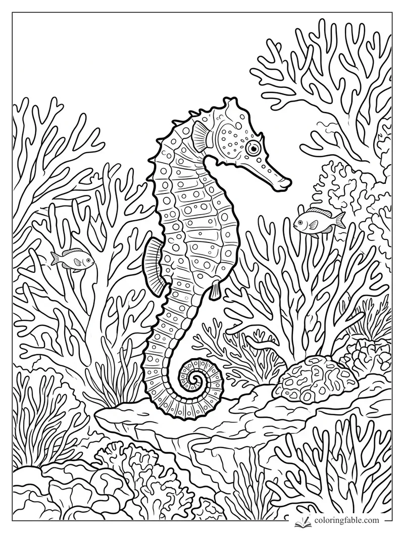 Realistic seahorse with curled tail, spots, two small fish, and branching coral reef for coloring