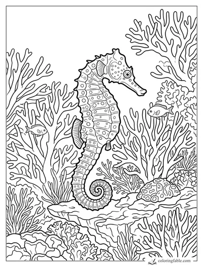 Realistic seahorse with curled tail, spots, two small fish, and branching coral reef for coloring
