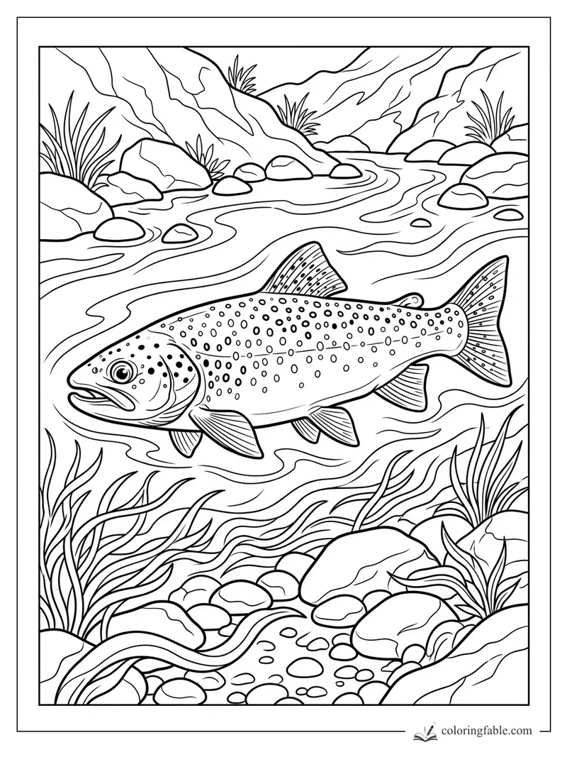 Realistic spotted trout swimming through a rocky stream with grasses, pebbles, and winding current lines.