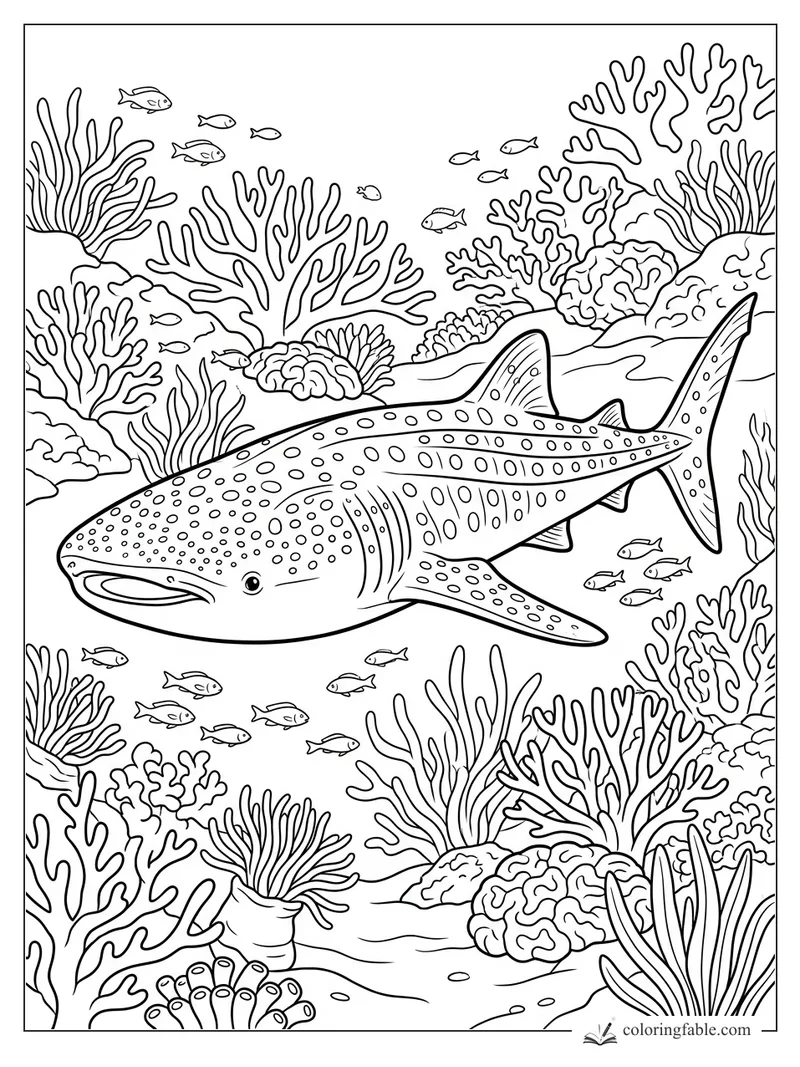 Spotted whale shark swimming through coral reef with small fish and sea plants