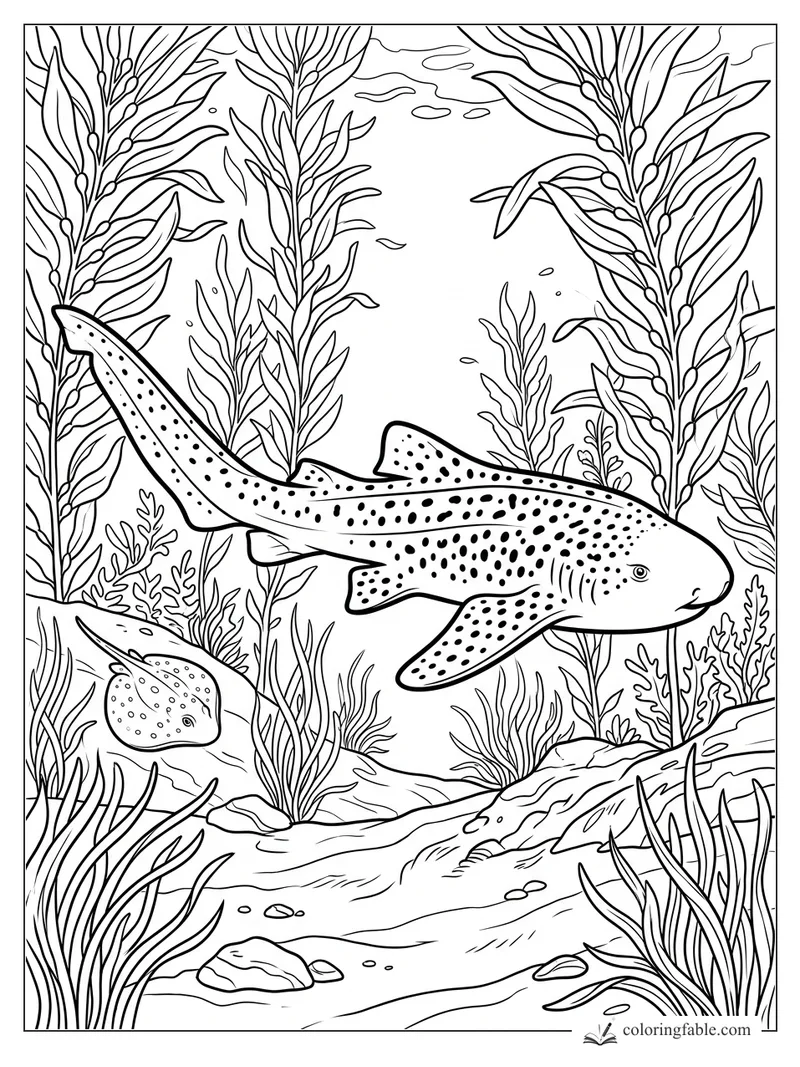 Spotted whale shark swimming past kelp, rocks, sea grass, and a small ray on the ocean floor