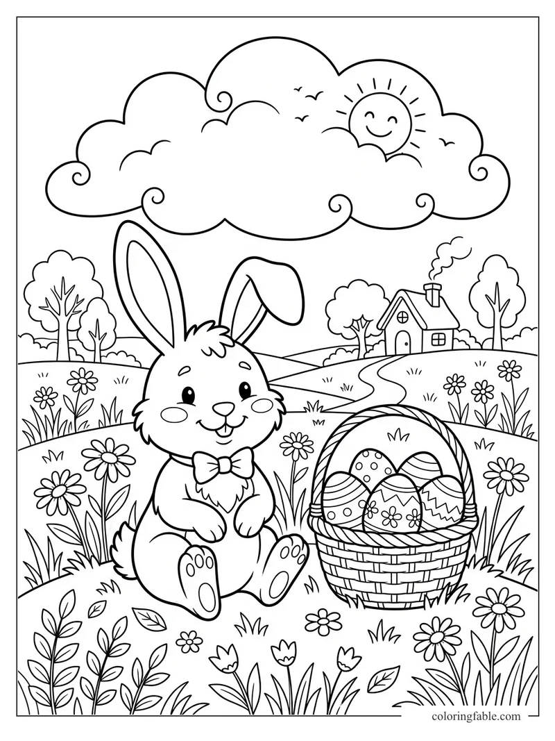 Cartoon bunny in a spring meadow with decorated Easter eggs, flowers, hills, house, clouds, and smiling sun.