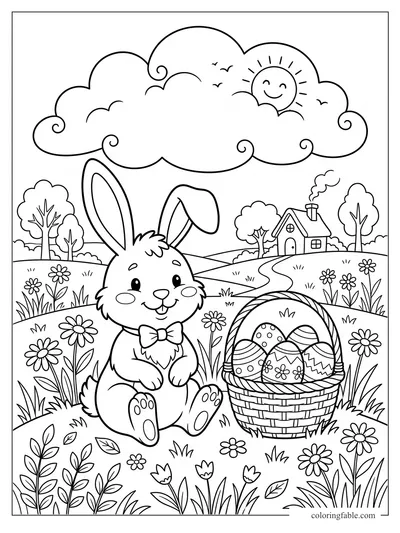 Cartoon bunny in a spring meadow with decorated Easter eggs, flowers, hills, house, clouds, and smiling sun.