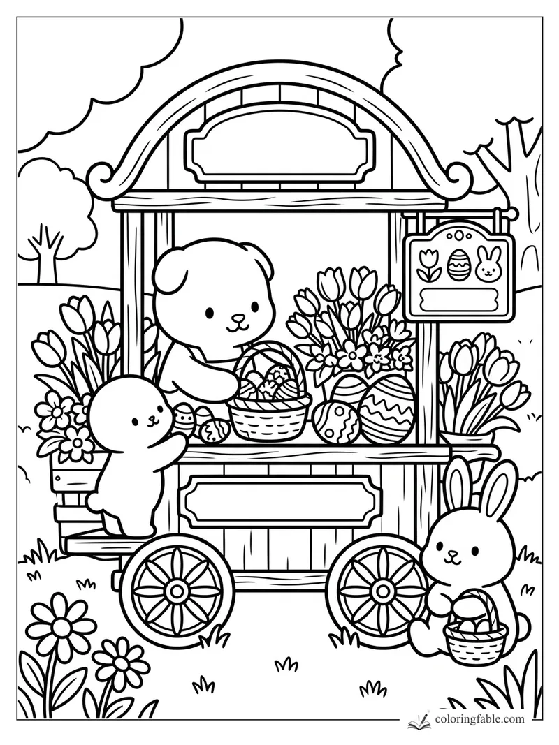 Puppy and bunnies at a flower cart with tulips, Easter eggs, baskets, and wooden wagon wheels.