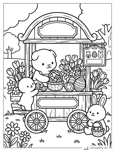 Puppy and bunnies at a flower cart with tulips, Easter eggs, baskets, and wooden wagon wheels.