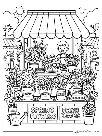 Cartoon spring flower stall with smiling florist, awning, potted blooms, signs, sun, birds, and watering can.