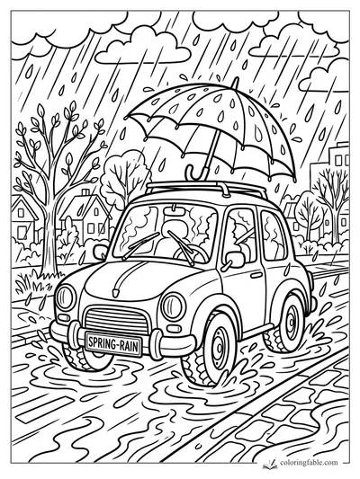 Cartoon car driving through spring rain with umbrella on roof, puddles, houses, trees, and SPRING-RAIN plate