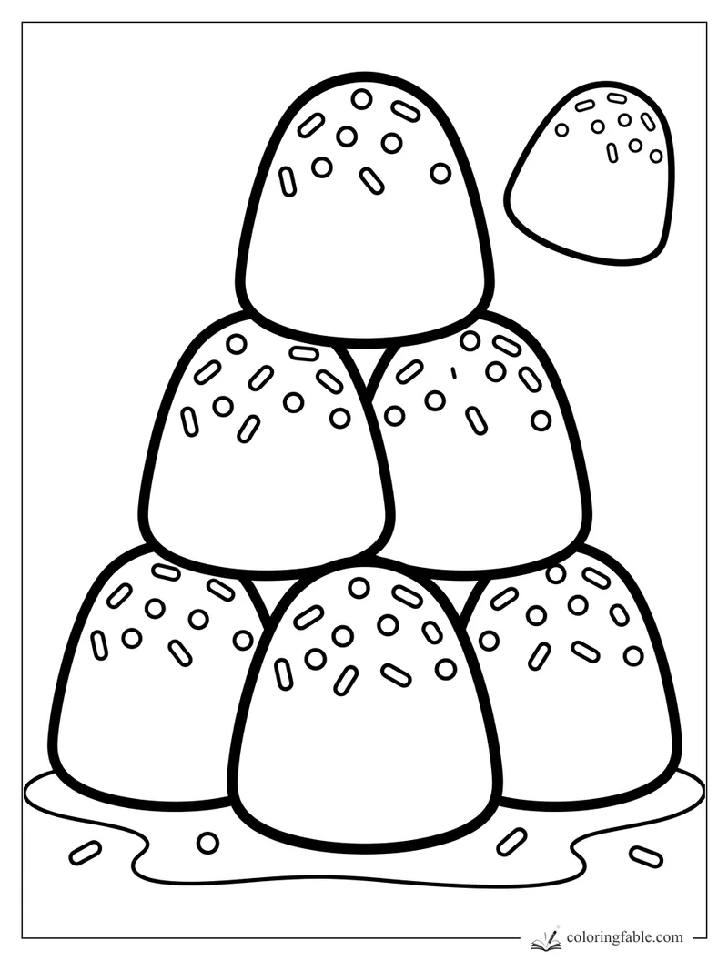 Bold coloring page of six sprinkled gumdrops stacked in a pyramid with one gumdrop floating nearby.