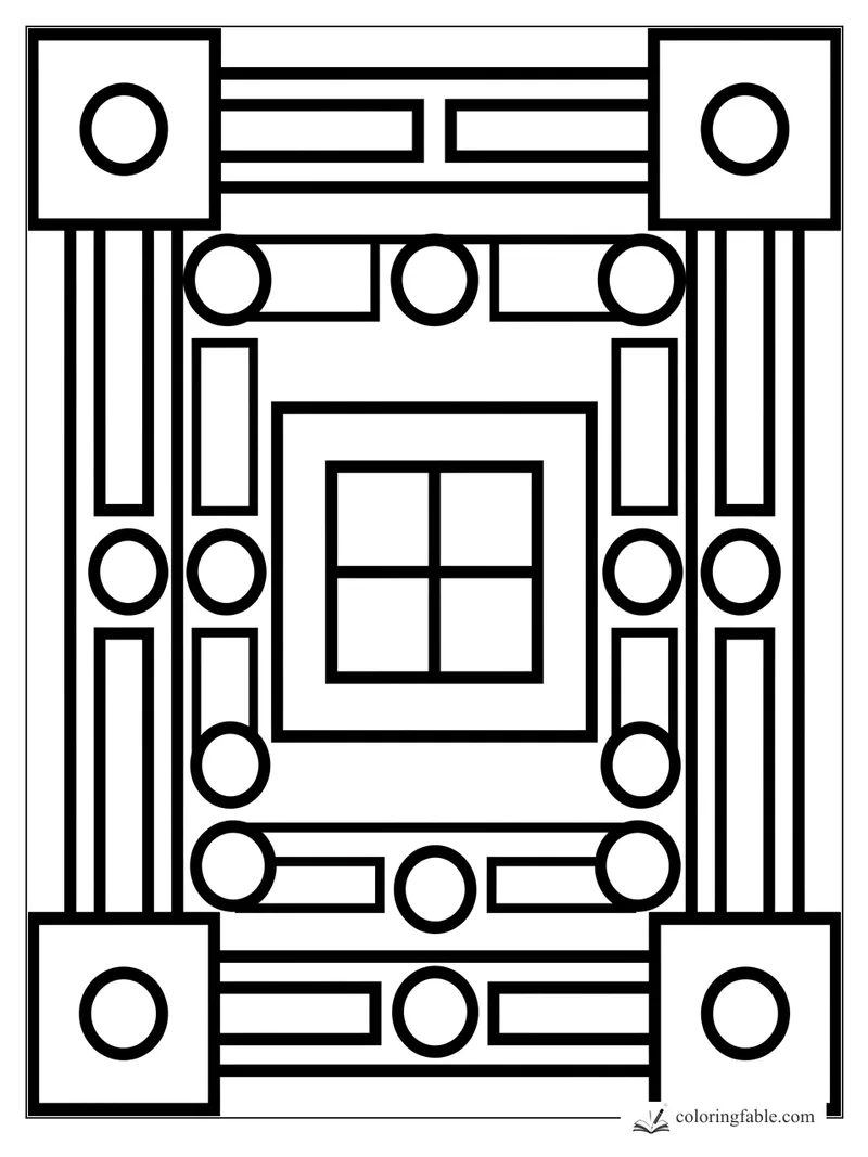Easy geometric coloring page with nested squares, bold circles, and long rectangular paths.