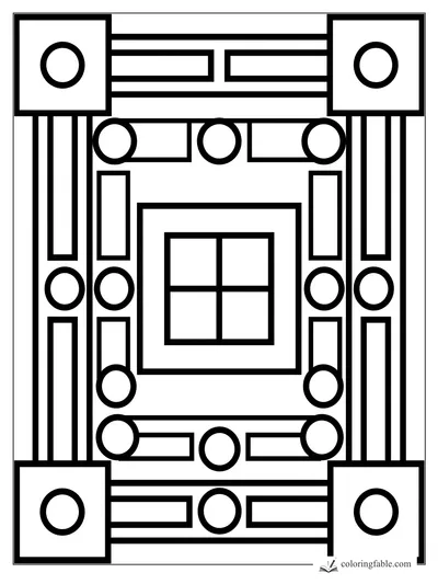 Easy geometric coloring page with nested squares, bold circles, and long rectangular paths.
