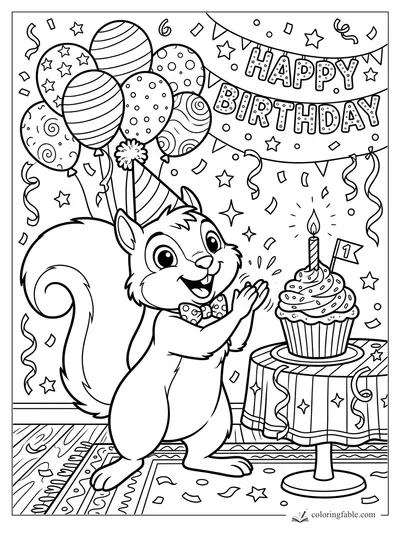 Cartoon squirrel clapping beside balloons, a Happy Birthday banner, and a candle cupcake with a number 1 flag.