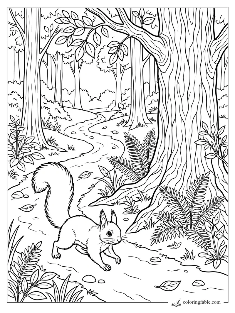 Squirrel running on a winding forest path between tall trees, leafy branches, ferns, stones, and fallen leaves.