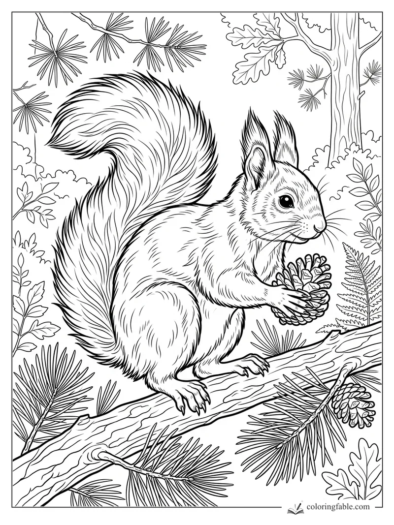 Realistic squirrel holding a pine cone on a pine branch with needles, oak leaves, ferns, and forest bark.