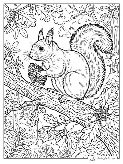 Realistic squirrel holding a pine cone on an oak branch with acorns and leafy forest branches