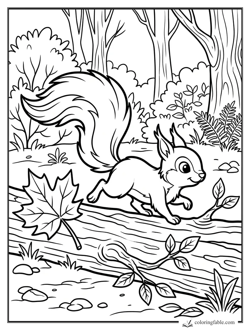 Cartoon squirrel runs across a fallen log past a maple leaf, ferns, branches, rocks, and tall forest trees.