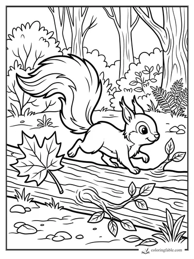 Cartoon squirrel runs across a fallen log past a maple leaf, ferns, branches, rocks, and tall forest trees.