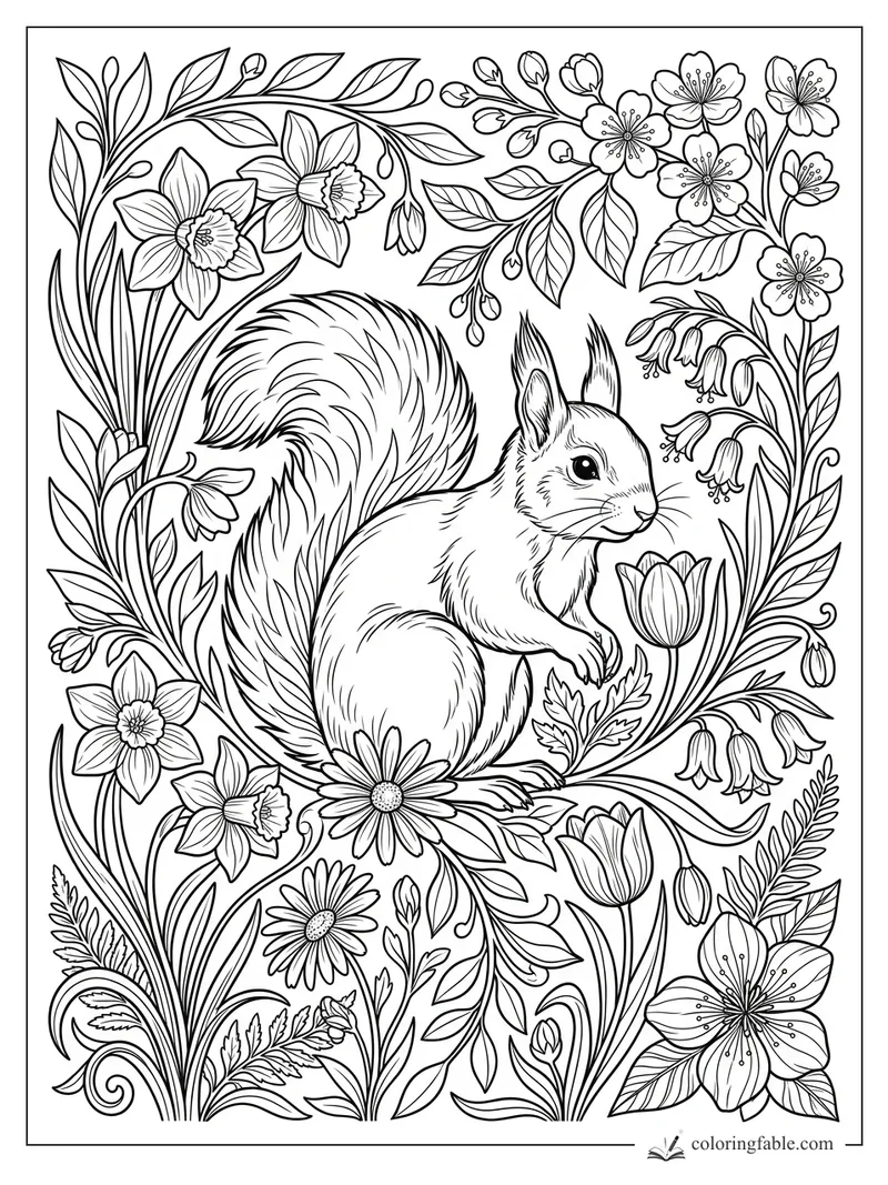 Intricate floral squirrel coloring page with daffodils, bellflowers, daisies, tulips, and leafy vines