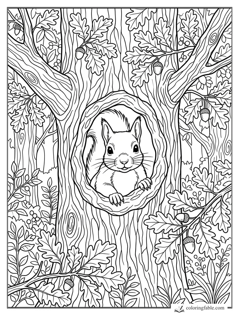Squirrel peeking from a tree hollow among oak leaves, acorns, branches, berries, and bark patterns