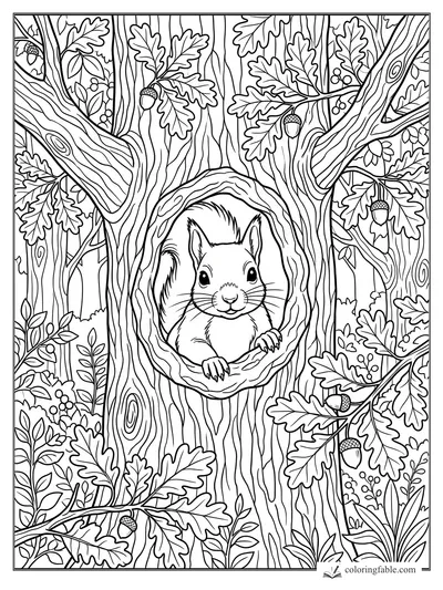 Squirrel peeking from a tree hollow among oak leaves, acorns, branches, berries, and bark patterns