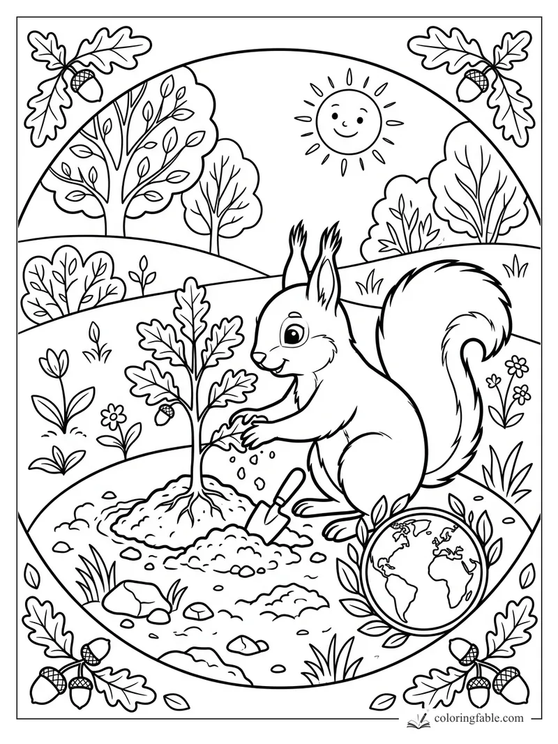 Squirrel pats soil around a young oak tree with a trowel, sun, hills, acorns, and globe nearby.