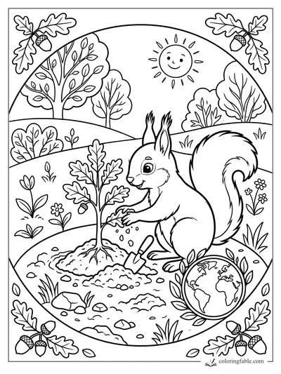 Squirrel pats soil around a young oak tree with a trowel, sun, hills, acorns, and globe nearby.