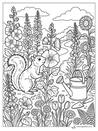 Squirrel among tall garden flowers, sunflowers, watering can, trowel, path, shed, and clouds coloring page