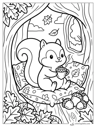 Cozy squirrel holding a steaming mug in a tree window nook with leaf pillows, acorns, and falling leaves