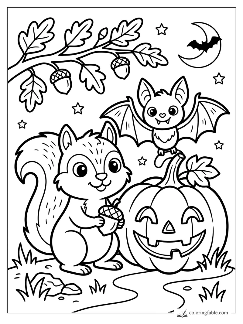 Cute squirrel holding an acorn beside a jack-o'-lantern, bat, moon, stars, oak leaves, and acorns.