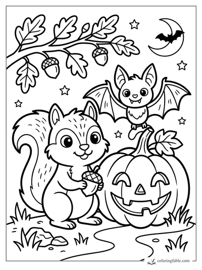 Cute squirrel holding an acorn beside a jack-o'-lantern, bat, moon, stars, oak leaves, and acorns.